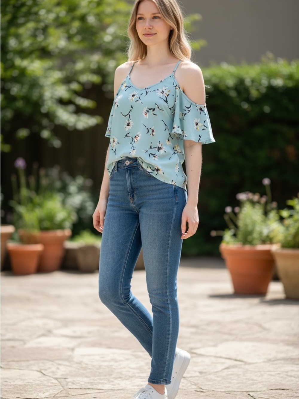 blue floral cold shoulder blouse.